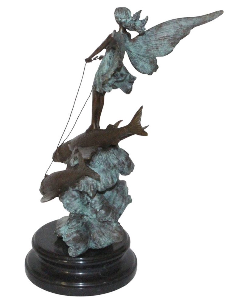 Bronzefigur Fee auf Fischen reitend Höhe 37,5 cm - Bronzeskulptur Elfe Jugendstil
