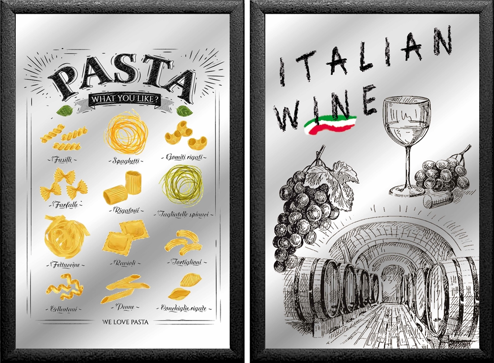 Set: 2 Spiegelbilder Italian Food Pasta Wine Deko 30x20 cm Hinterglasdruck mit schwarzem Rahmen
