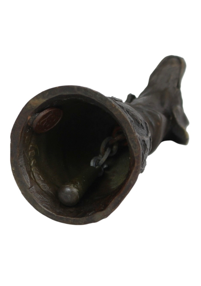 Bronzefigur Hund als Tischglocke H 10 cm Kunstvolle Bronze Handglocke mit Hundekopf Jugendstil Deko