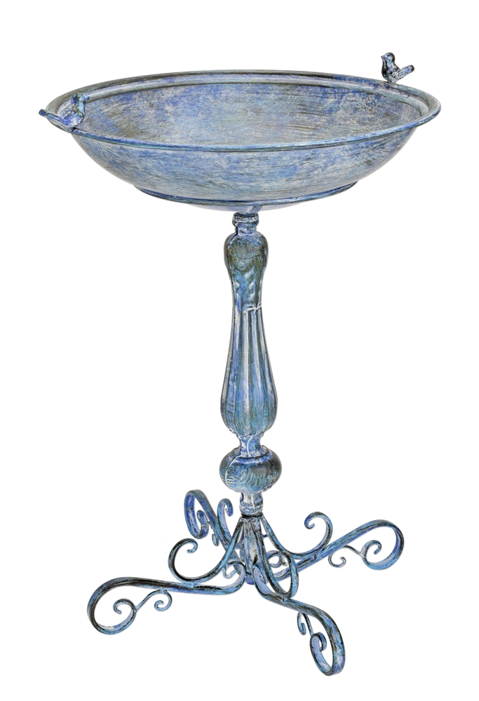 Jugendstil Vogeltränke mit Ständer in blau aus Eisen Romantische Gartendeko Vogelbad, Höhe 74 cm