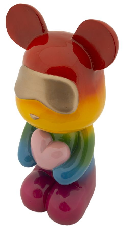 Bär mit Herz in Regenbogenfarben – ausdrucksstarke Dekofigur aus Polyresin für Wohnraum und Wintergarten H 42,5 cm