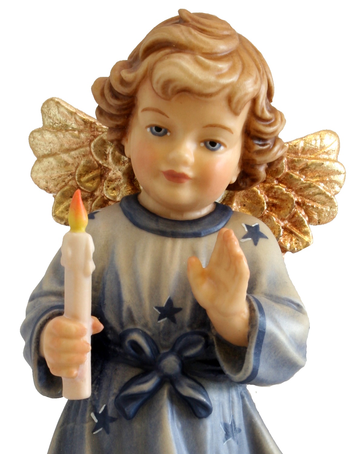 Schutzengel mit Kerze H 12 cm Engel mit blauem Kleid Holzfigur Deko Holzstatue Statue aus Ahornholz