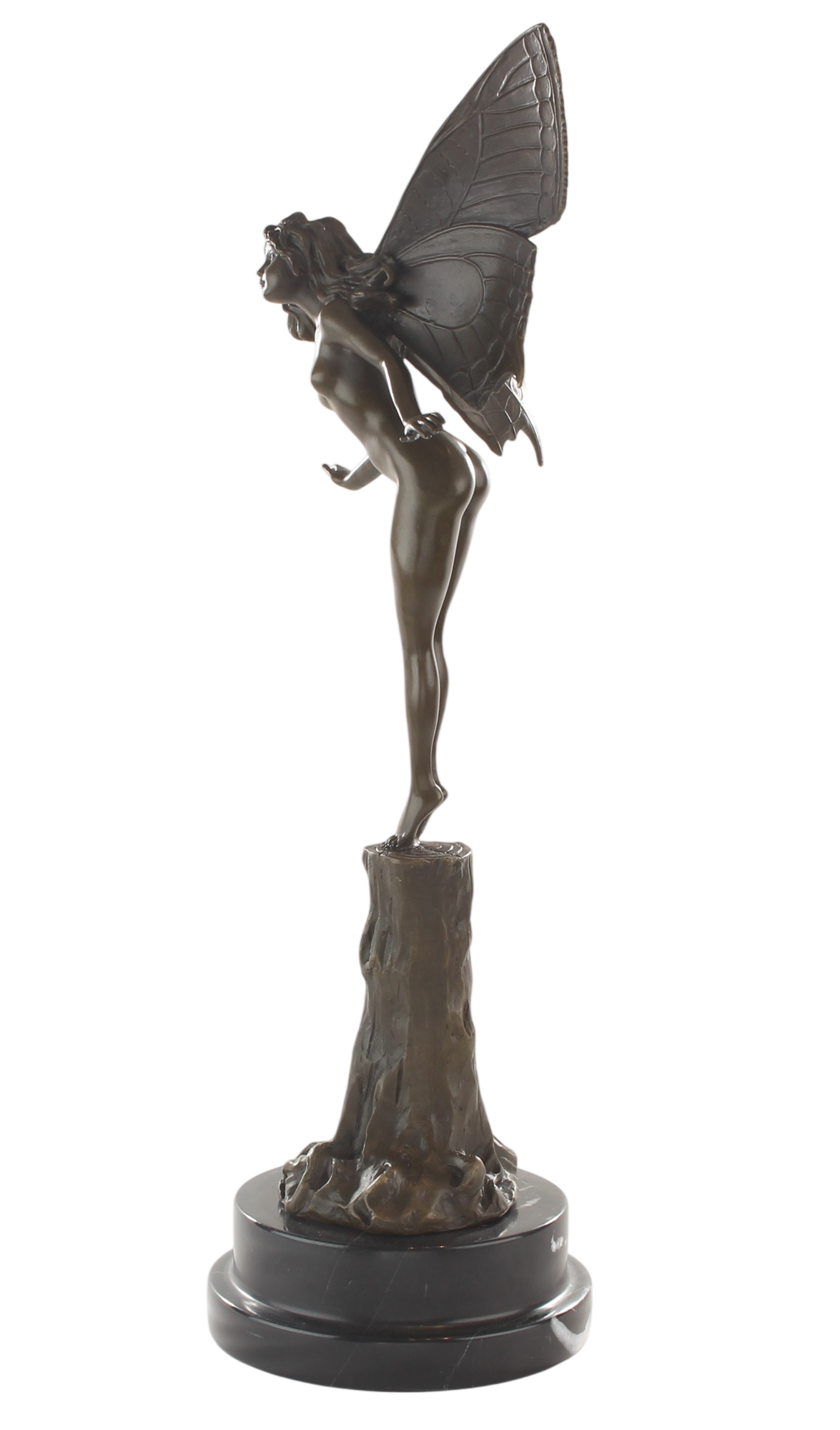 Bronzeskulptur Fee mit Schmetterlings-Flügeln Elfe auf Marmorsockel, Höhe 49,4 cm