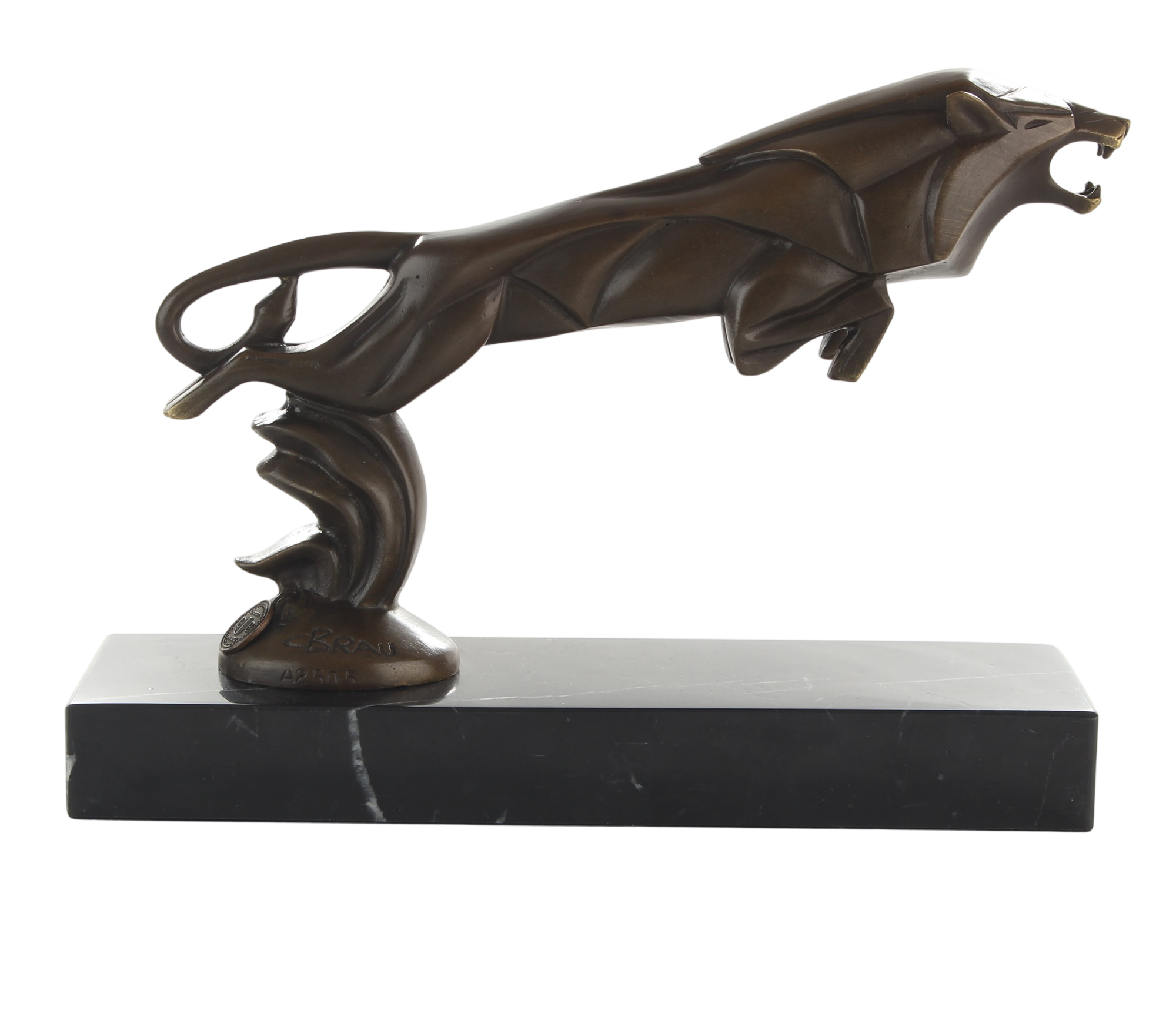 Kühlerfigur Löwe im Angriff, Bronzefigur auf Marmorsockel, Höhe 16,9 cm
