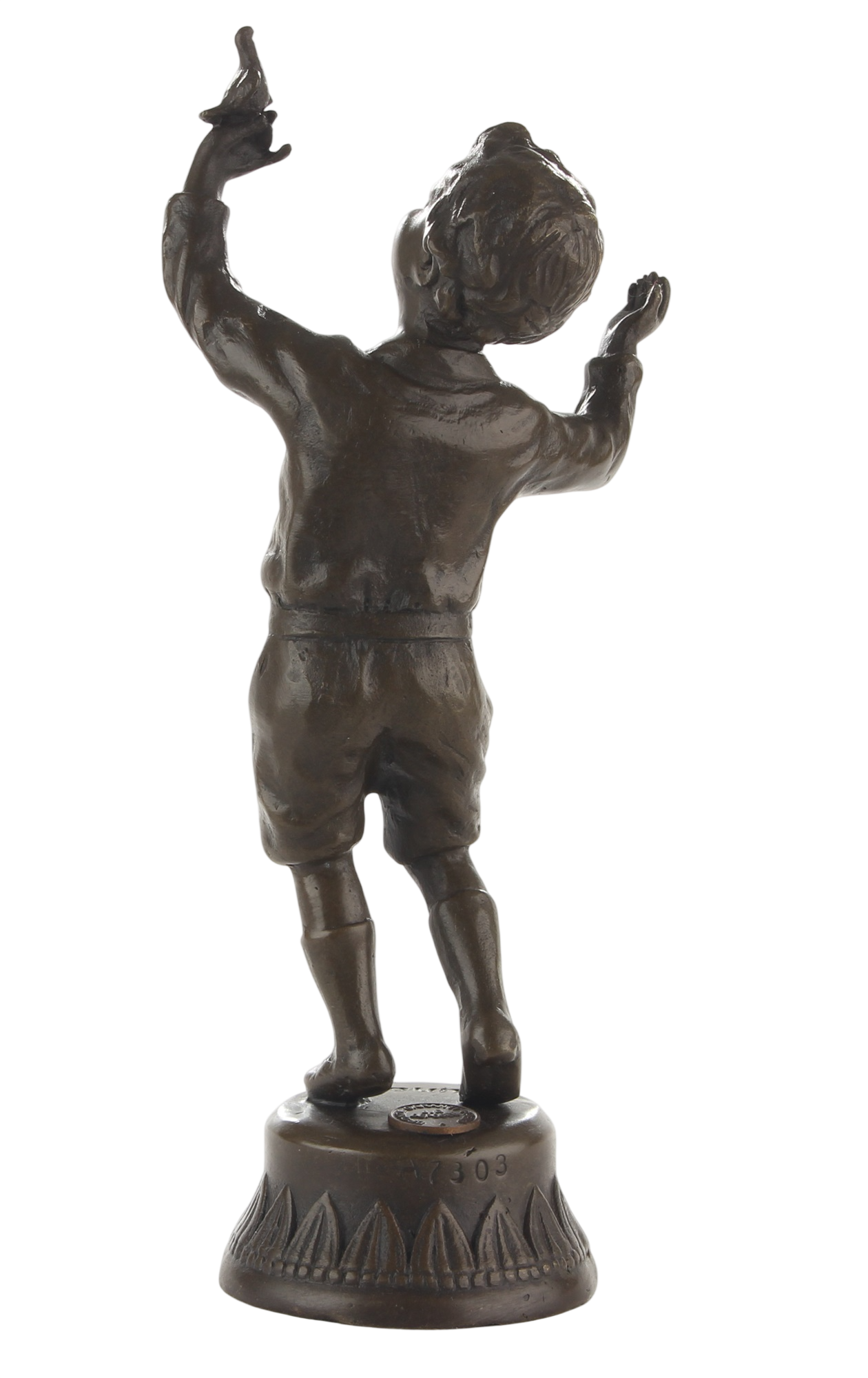 Bronzeskulptur Junge stehend mit Taube in der Hand auf Bronzesockel, Höhe 20,6 cm