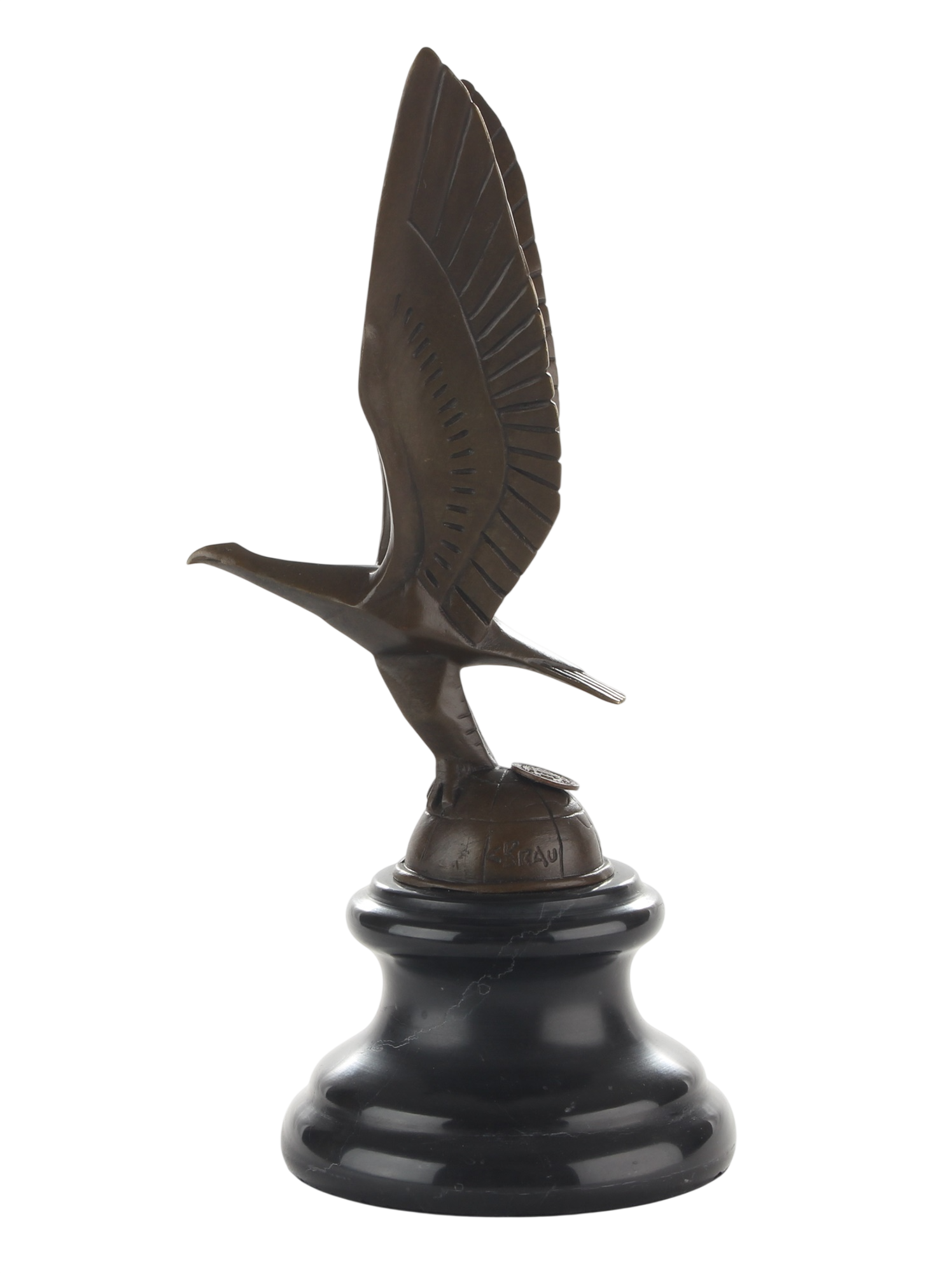 Kühlerfigur Adler im Flug, Bronzefigur auf Erdkugel mit Marmorsockel, Höhe 22,8 cm