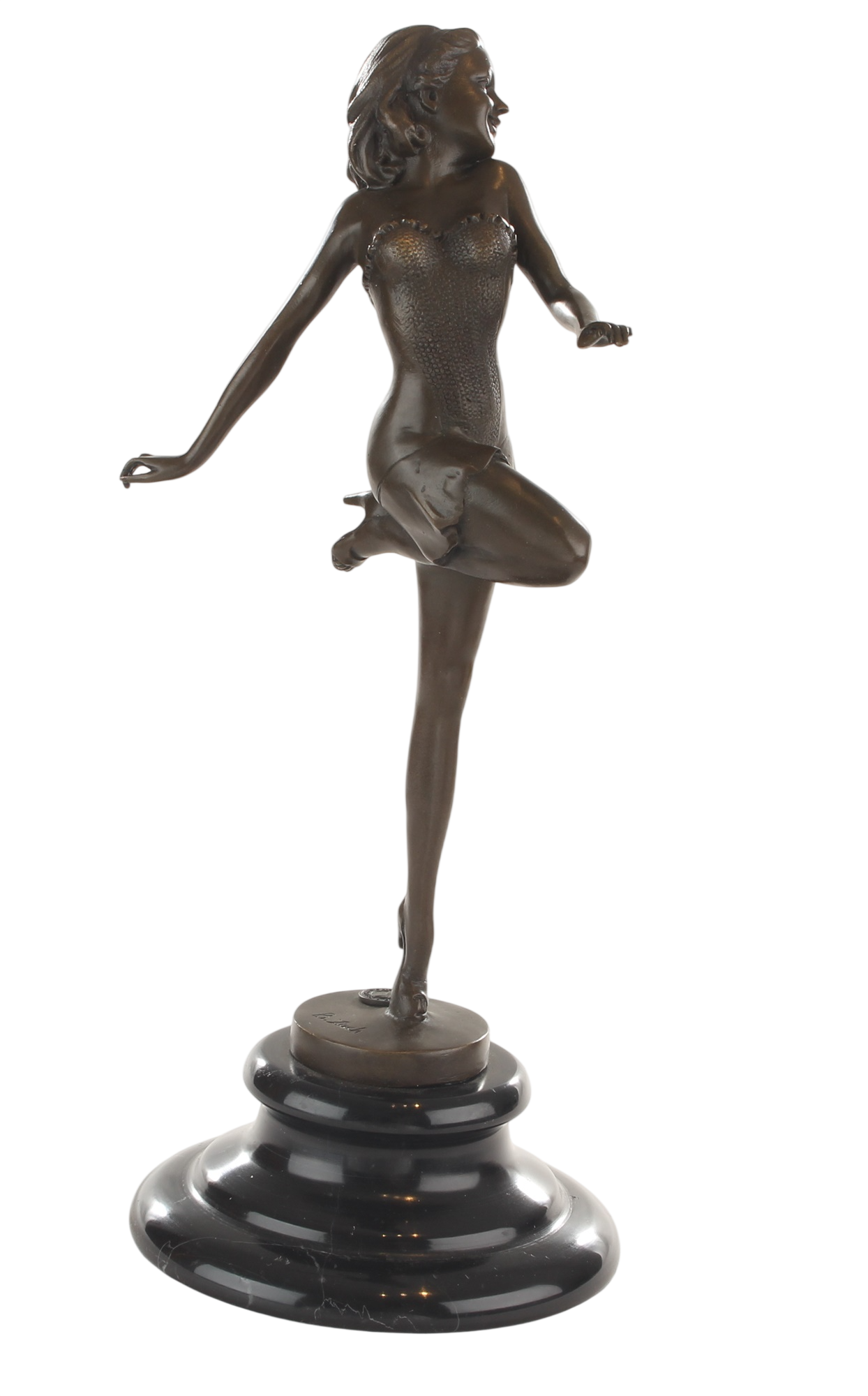 Bronzeskulptur Pin-up-Tänzerin, junge Frau im Kostüm, auf Marmorsockel, Höhe 28,8 cm