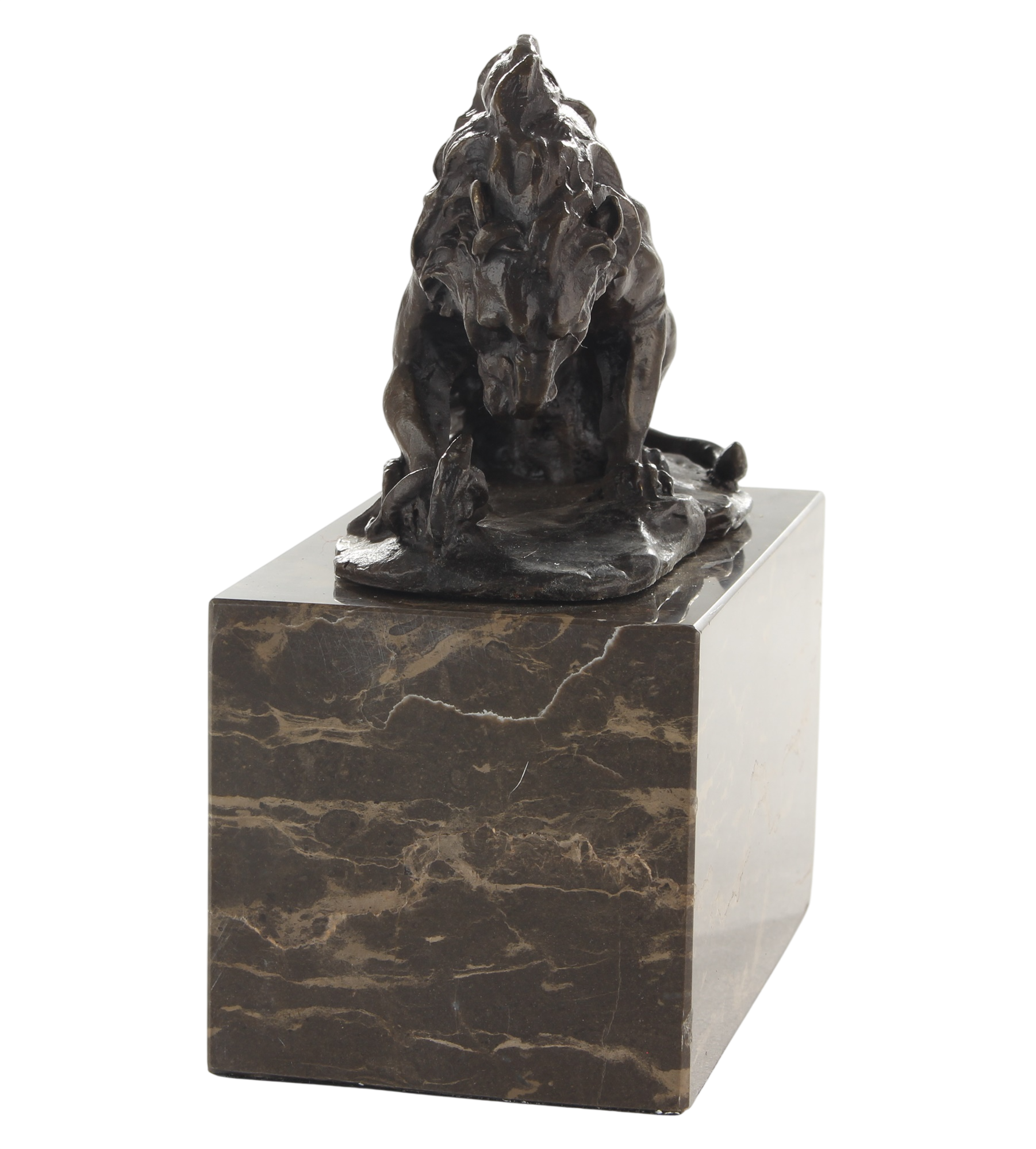 Bronzefigur Löwe kämpfend mit Schlange auf Marmorsockel, für Innen und Außen, Höhe 15 cm