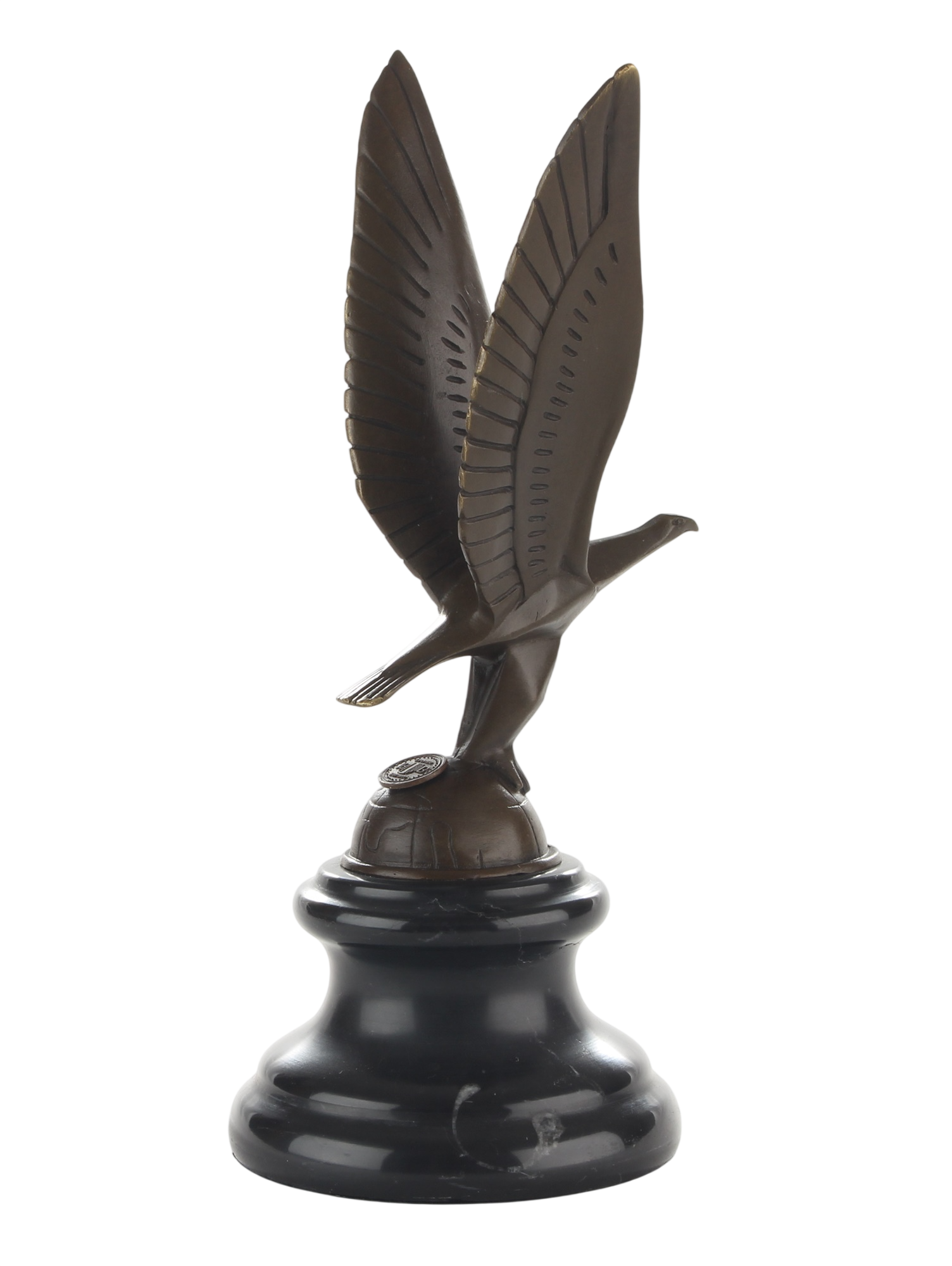 Kühlerfigur Adler im Flug, Bronzefigur auf Erdkugel mit Marmorsockel, Höhe 22,8 cm
