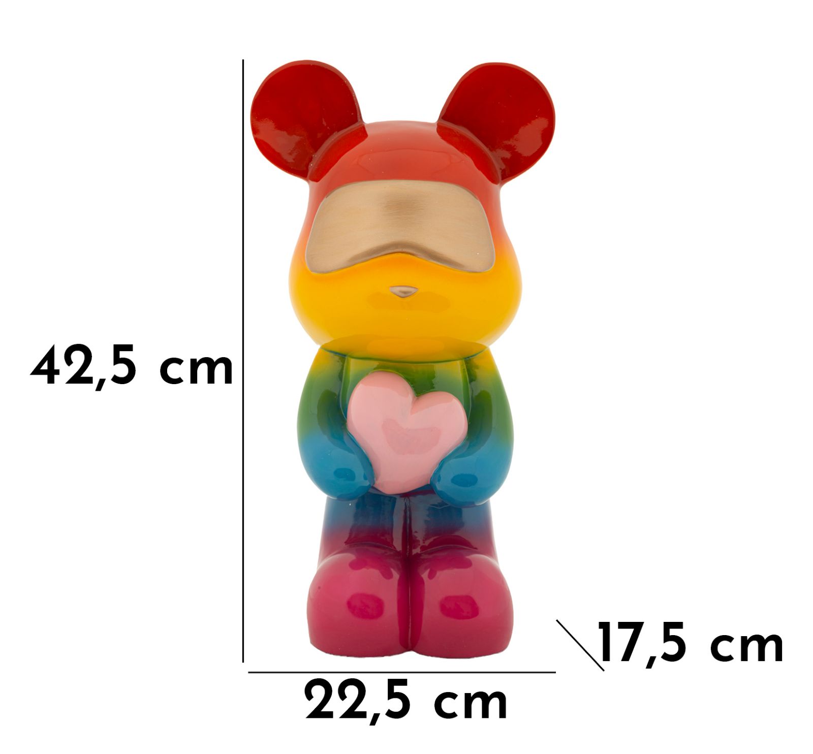 Bär mit Herz in Regenbogenfarben – ausdrucksstarke Dekofigur aus Polyresin für Wohnraum und Wintergarten H 42,5 cm