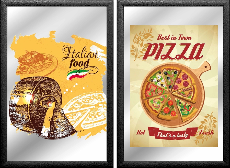 Set: 2 Spiegelbilder Italian Food Pizza Käse Pasta 30x20 cm Hinterglasdruck mit schwarzem Rahmen