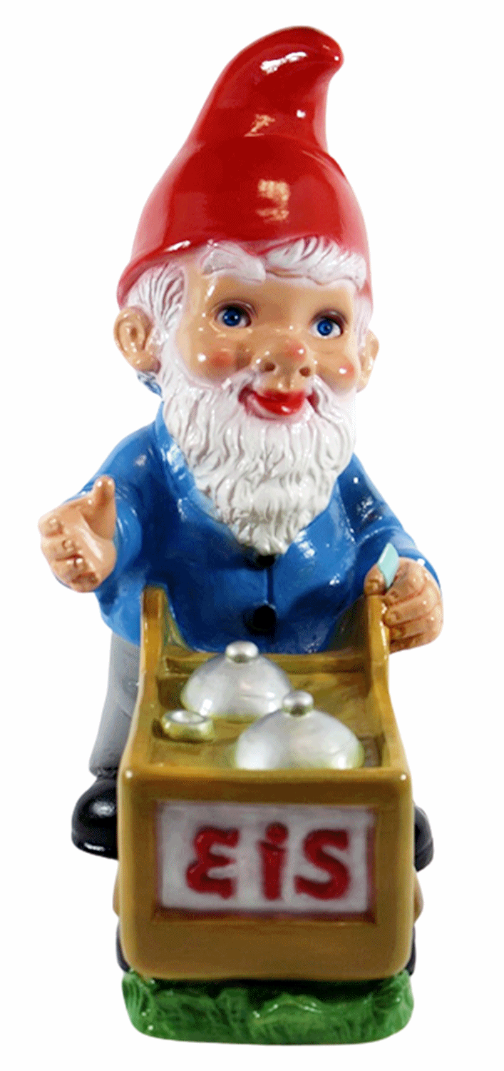 Gartenzwerg Deko Garten Figur Zwerg Eisverkäufer mit mobiler Eisdiele stehend aus Kunststoff H 35 cm