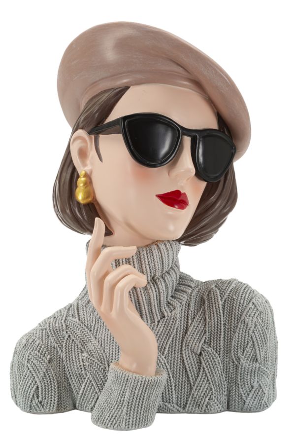 Dame Paris mit Baskenmütze und Sonnenbrille – elegante Dekobüste aus Polyresin für Wohnraum und Flur H 26 cm