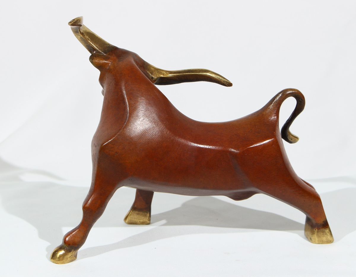 Bronzefigur Bronzeskulptur Bronze Moderner Stier Angriff H 17 cm Dekofigur Abstrakte Skulptur