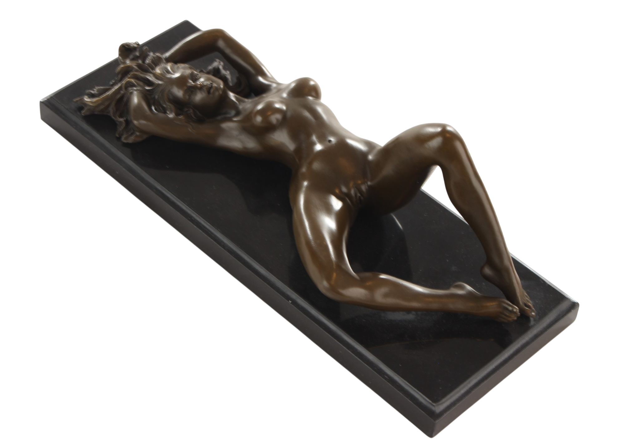 Bronzeskulptur junge Frau liegend – Frauenakt auf schwarzem Marmorsockel, Länge 29,3 cm