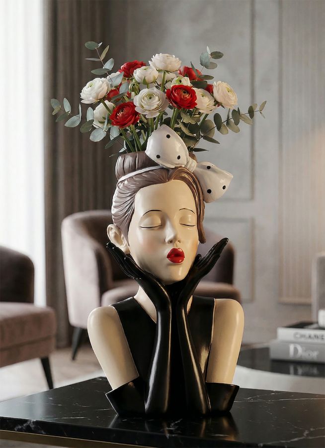 Elegante Dame im Hollywood-Stil – Büste als Vase nutzbar, Retro-Dekofigur aus Polyresin für Wohnraum H 30,5 cm