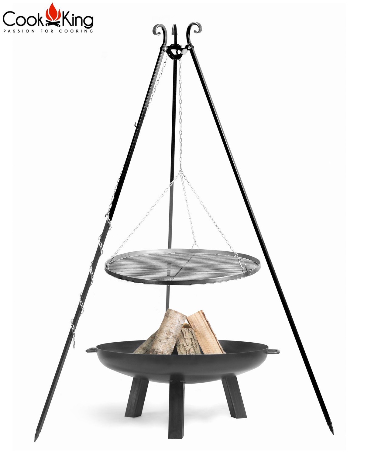 Set: Dreibein H 180 cm mit Grillrost Ø 70 cm aus Rohstahl + Feuerschale "Polo" Ø 80 cm Grillen