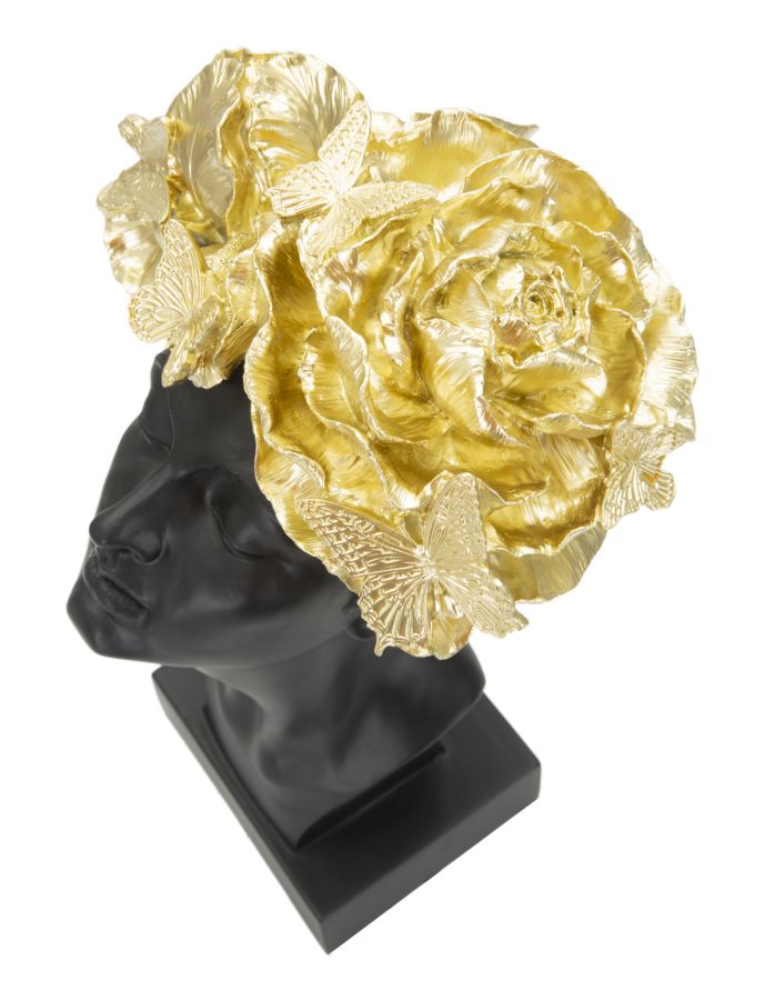 Büste Frau mit Schmetterlingen Schwarz-Gold – Dekofigur aus Polyresin für Wohnraum und Wintergarten H 36,5 cm