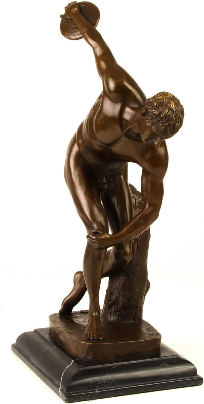 Bronzefigur Bronzeskulptur Bronze Diskobolos auf Marmorsockel H 38 cm griechische Statue