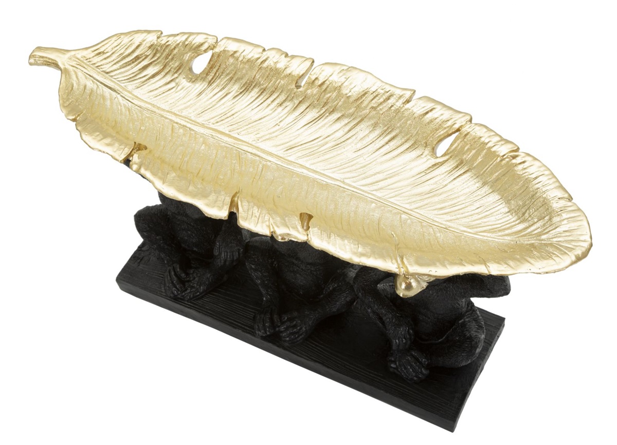 Dekofigur 3 Affen Schimpansen sitzend nebeneinander mit goldener Schale über den Köpfen H 20 cm
