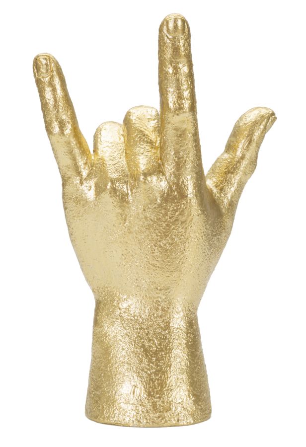 Handzeichen Yeah Gold – ausdrucksstarke Dekofigur aus Polyresin für Wohnraum und überdachte Terrasse H 23 cm