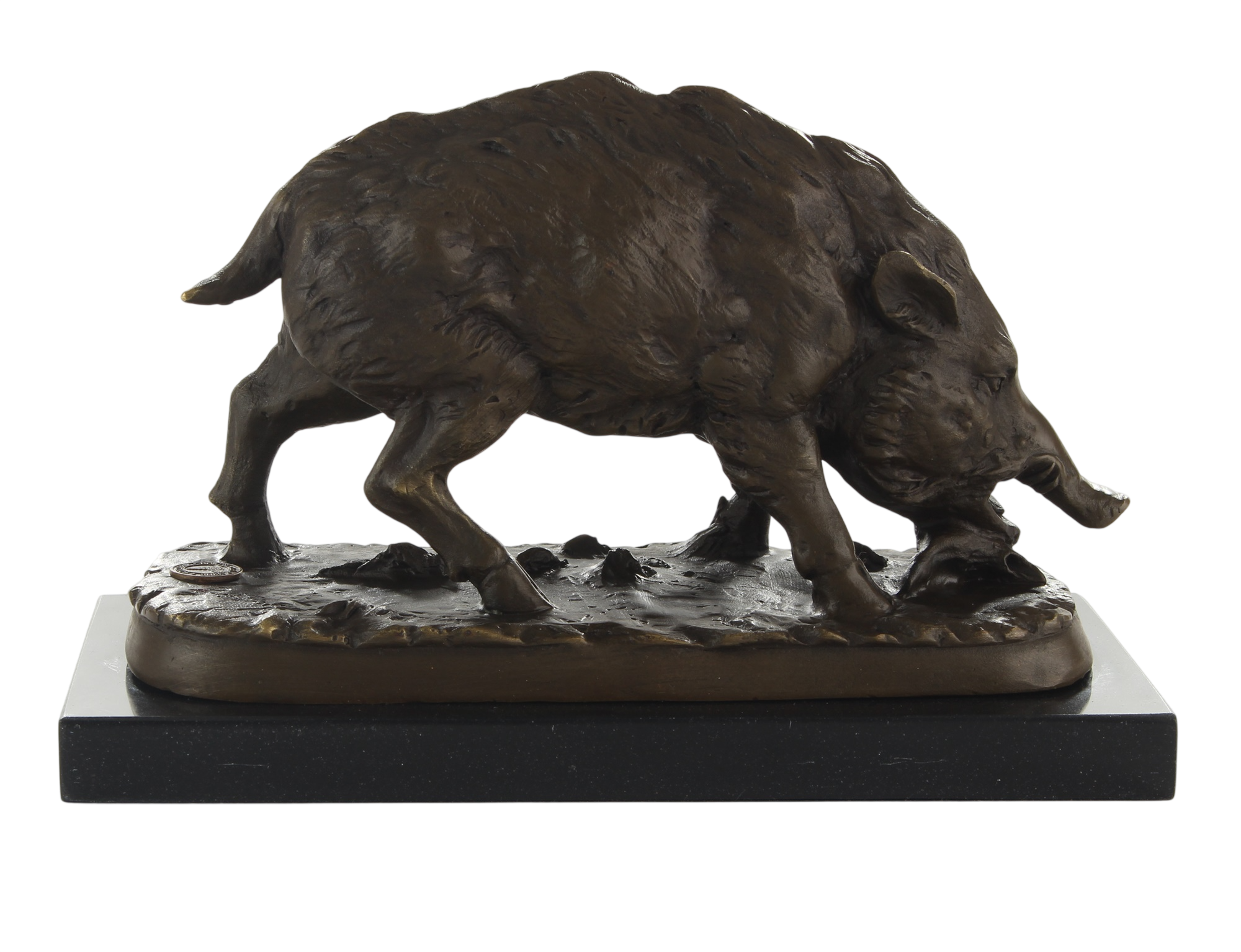Bronzefigur Wildschwein Eber wühlend auf Marmorsockel, Höhe 14 cm Sammlerstück für Jäger
