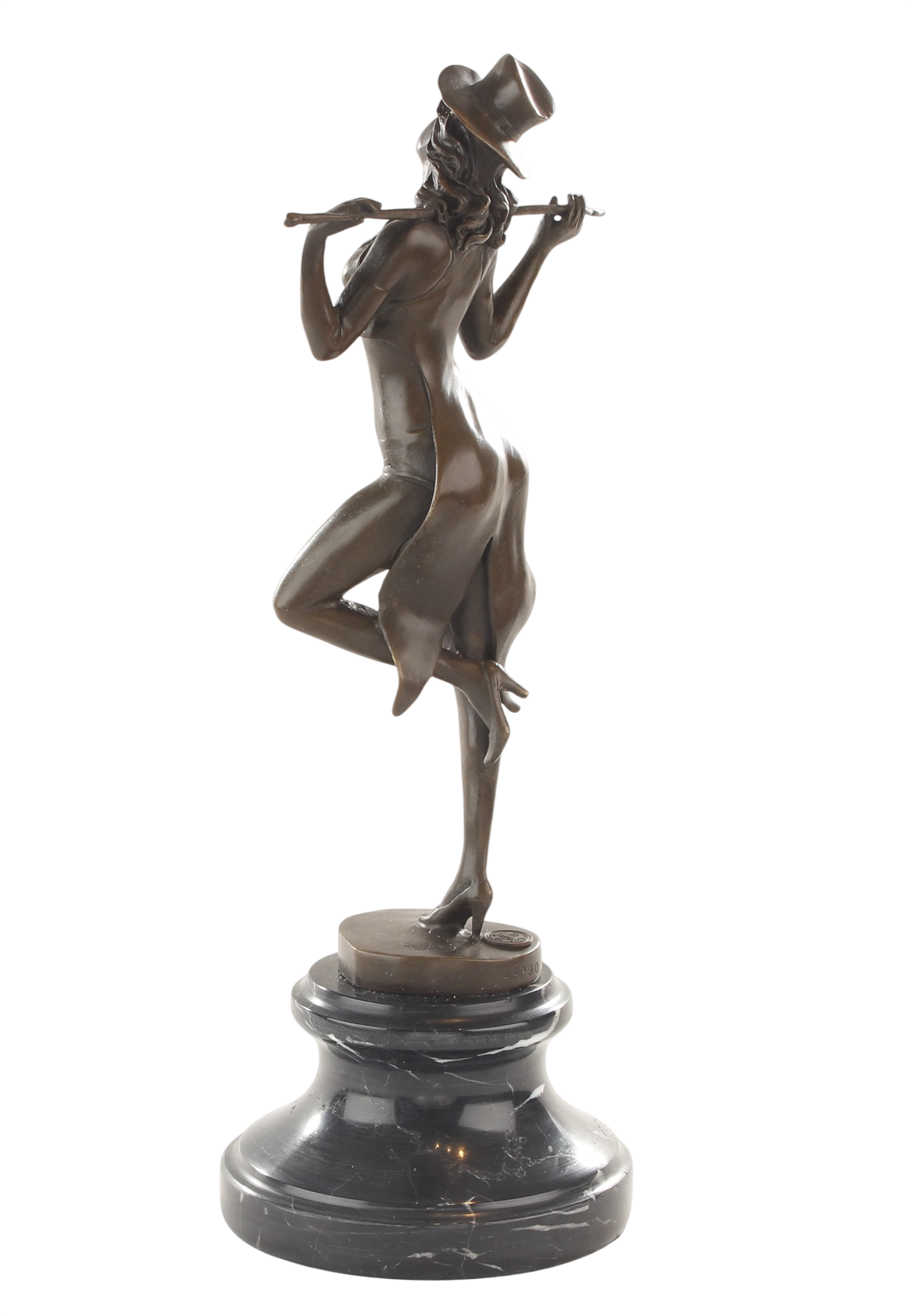 Bronzeskulptur Revue-Tänzerin mit Stock, Cabaret Paris, auf Marmorsockel, Höhe 38,2 cm