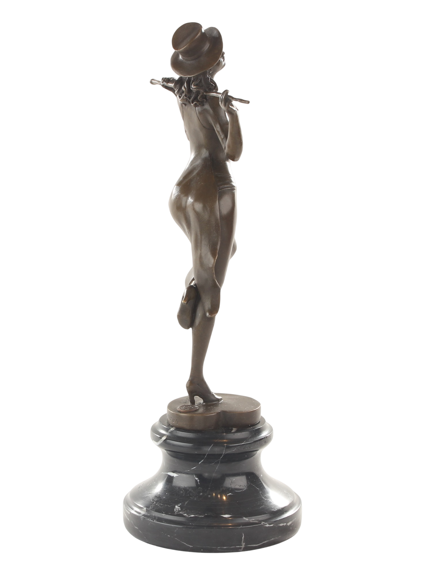 Bronzeskulptur Revue-Tänzerin mit Stock, Cabaret Paris, auf Marmorsockel, Höhe 38,2 cm