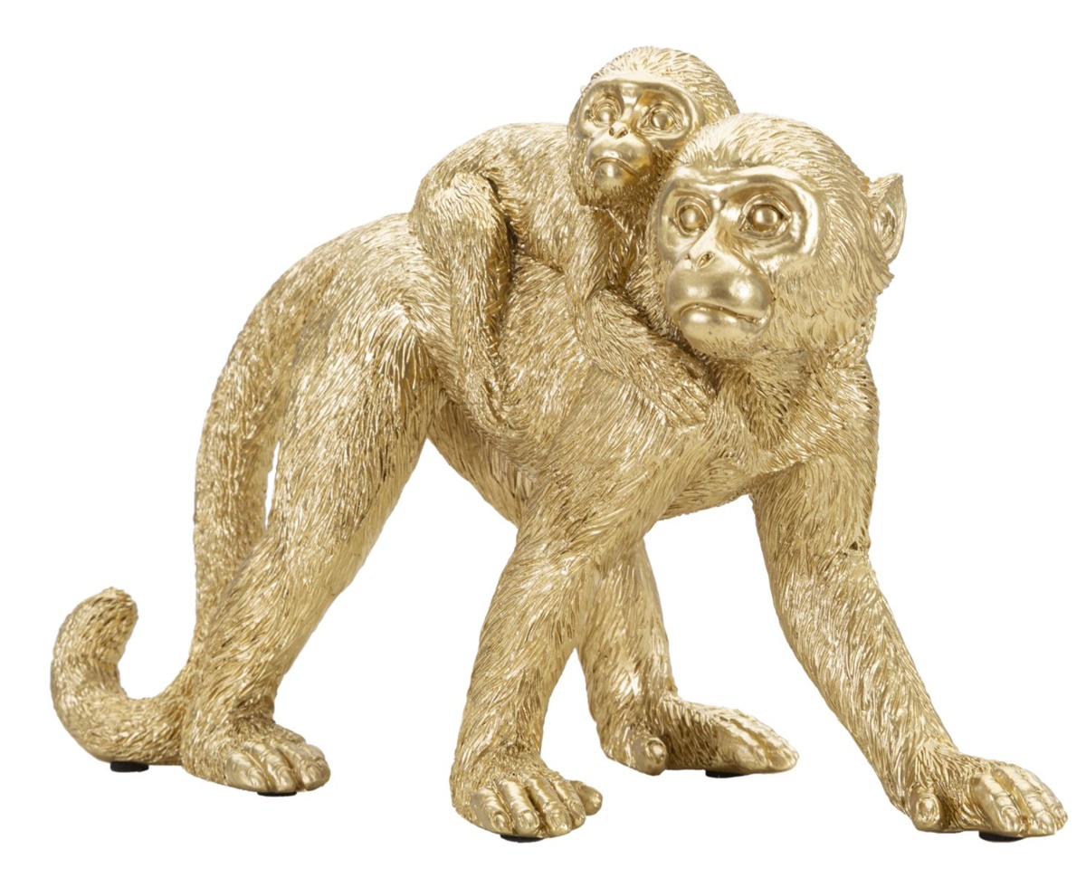 Dekofigur Mutter Affe laufend mit Baby auf Rücken Tierfigur in Gold Fell fein strukturiert H 18,5 cm
