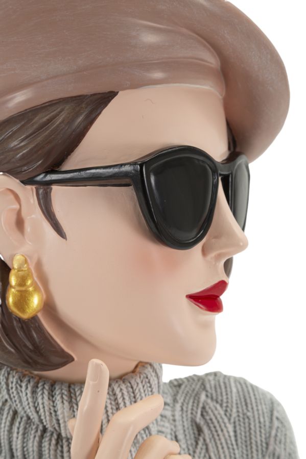 Dame Paris mit Baskenmütze und Sonnenbrille – elegante Dekobüste aus Polyresin für Wohnraum und Flur H 26 cm