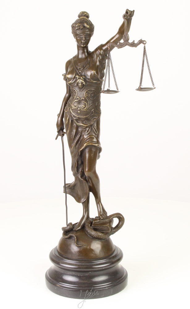 Bronzefigur Bronzeskulptur Bronze Justitia auf Marmorsockel H 45 cm Göttin der Gerechtigkeit Figur