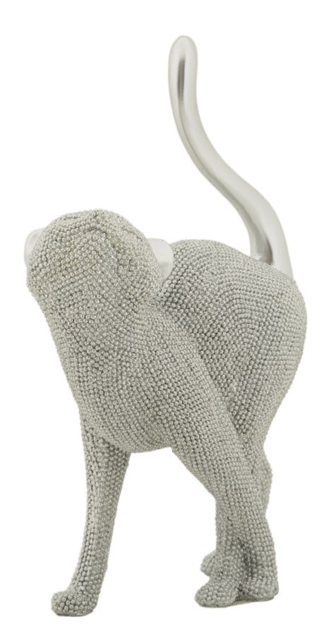 Silberne Katze im Katzenbuckel, überzogen von funkelnder Perlenstruktur – elegante Dekofigur von Mauro Ferretti aus Polyresin, H 26 cm. Jetzt ansehen!