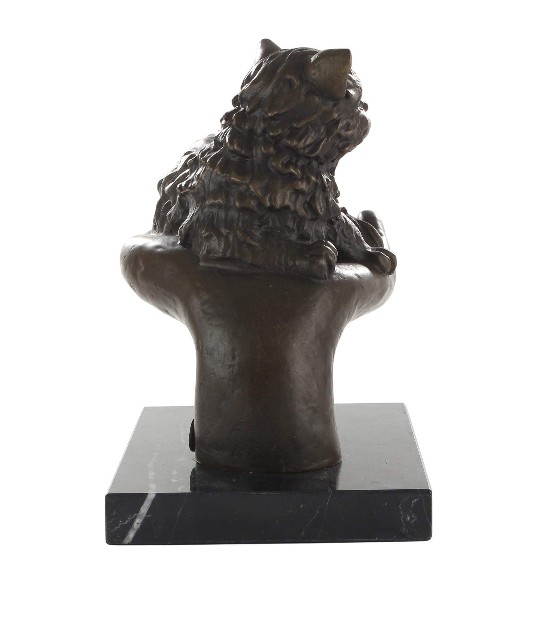 Bronzeskulptur Katze auf Hand mit Marmorsockel – Symbol für Fürsorge und Schutz, Höhe 19,7 cm