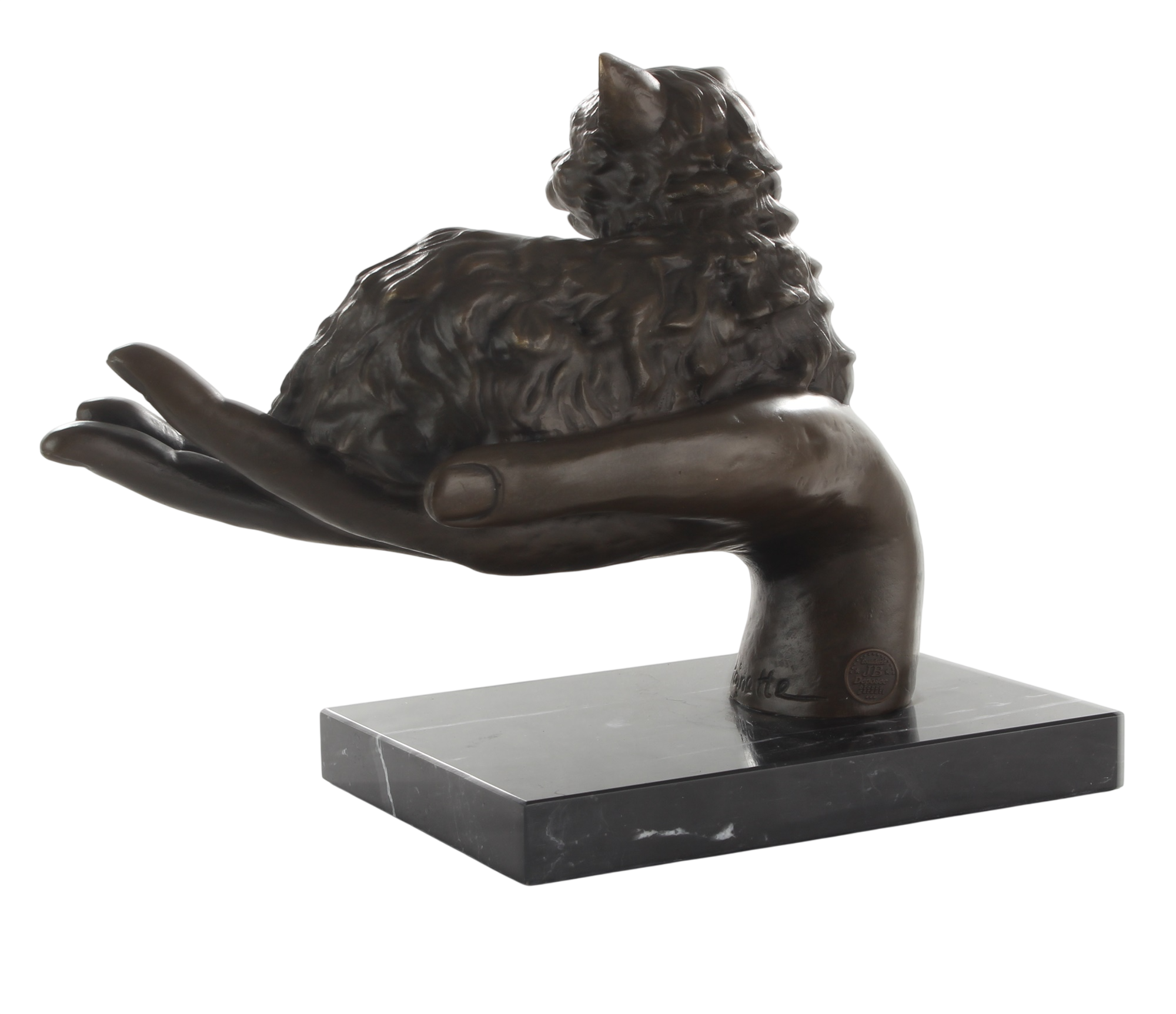 Bronzeskulptur Katze auf Hand mit Marmorsockel – Symbol für Fürsorge und Schutz, Höhe 19,7 cm