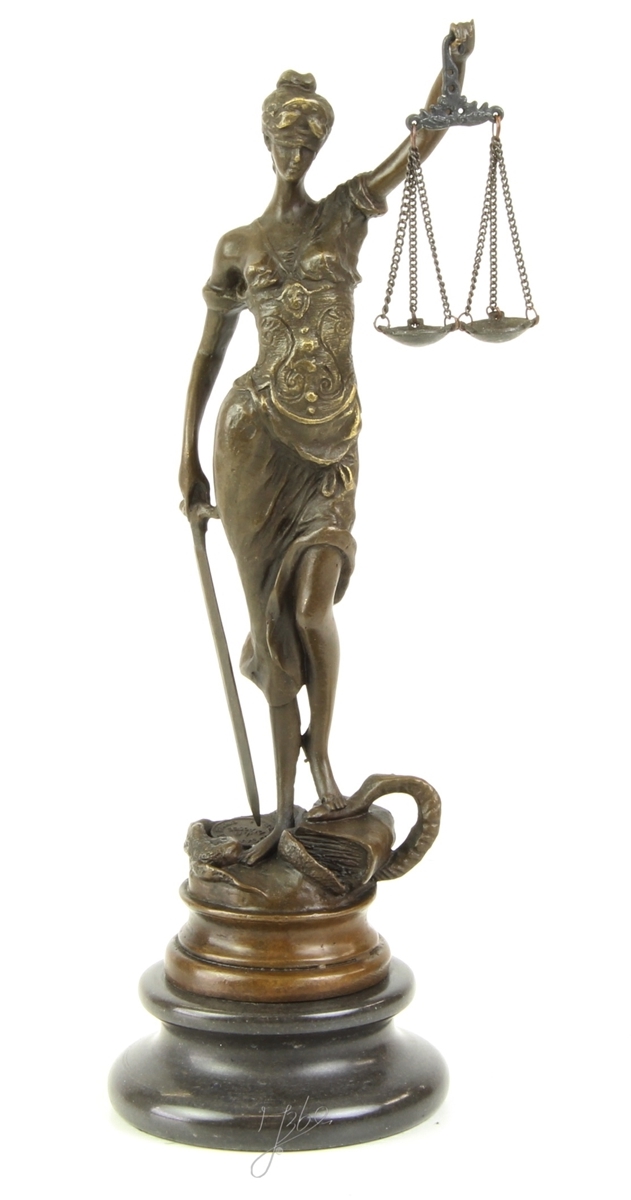 Bronzefigur Bronzeskulptur Bronze Justitia auf Steinsockel H 23,5 cm Göttin der Gerechtigkeit Figur