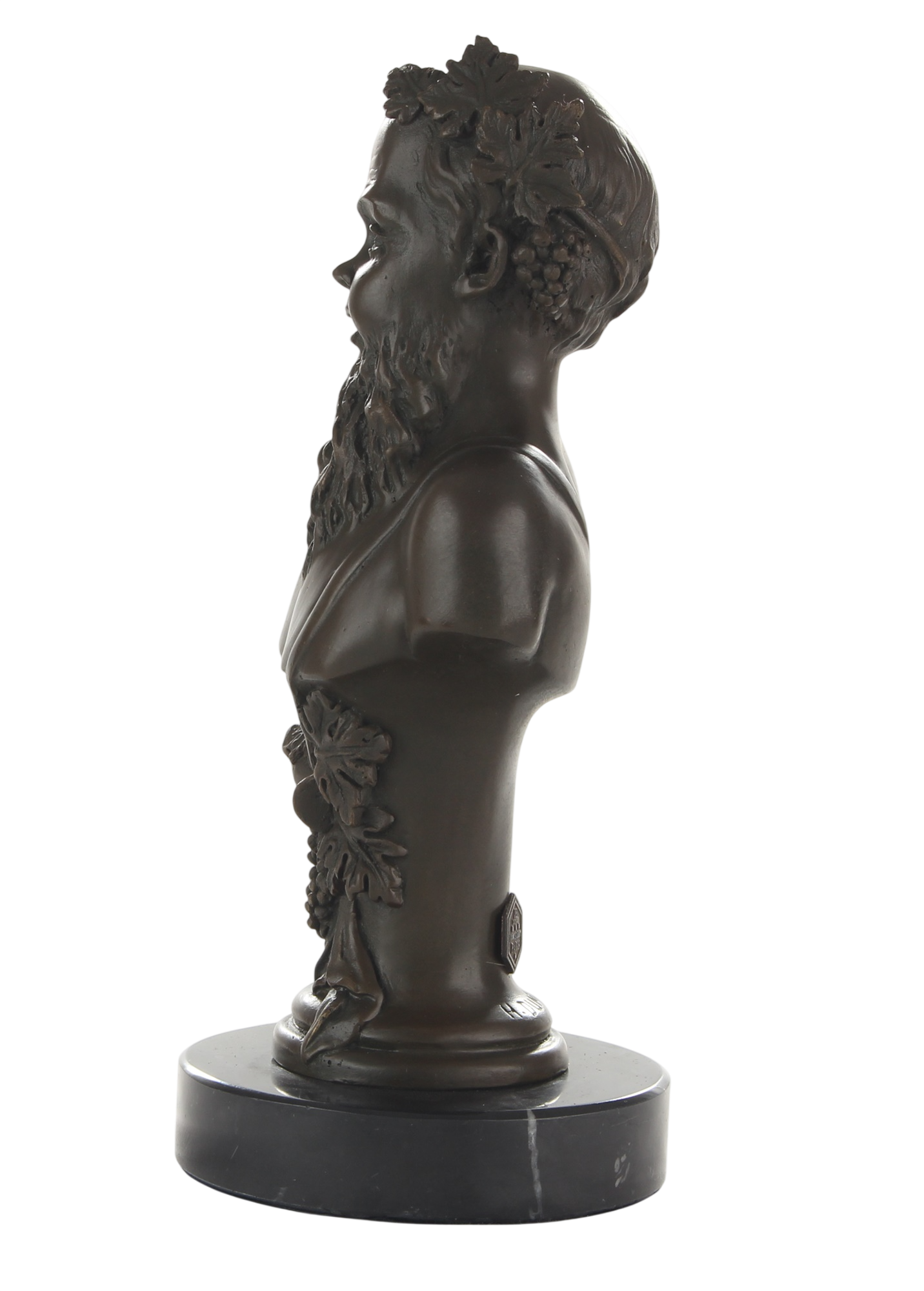 Bronzeskulptur Büste Bacchus, römischer Gott des Weines, auf Marmorsockel, Höhe 20,7 cm