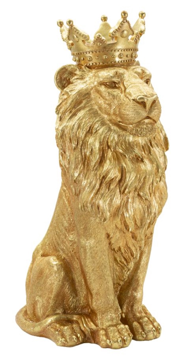 Dekofigur Löwe mit Krone sitzend Tierfigur  Skulptur stolzer Löwenkönig Shanti in edlem Gold H 74 cm