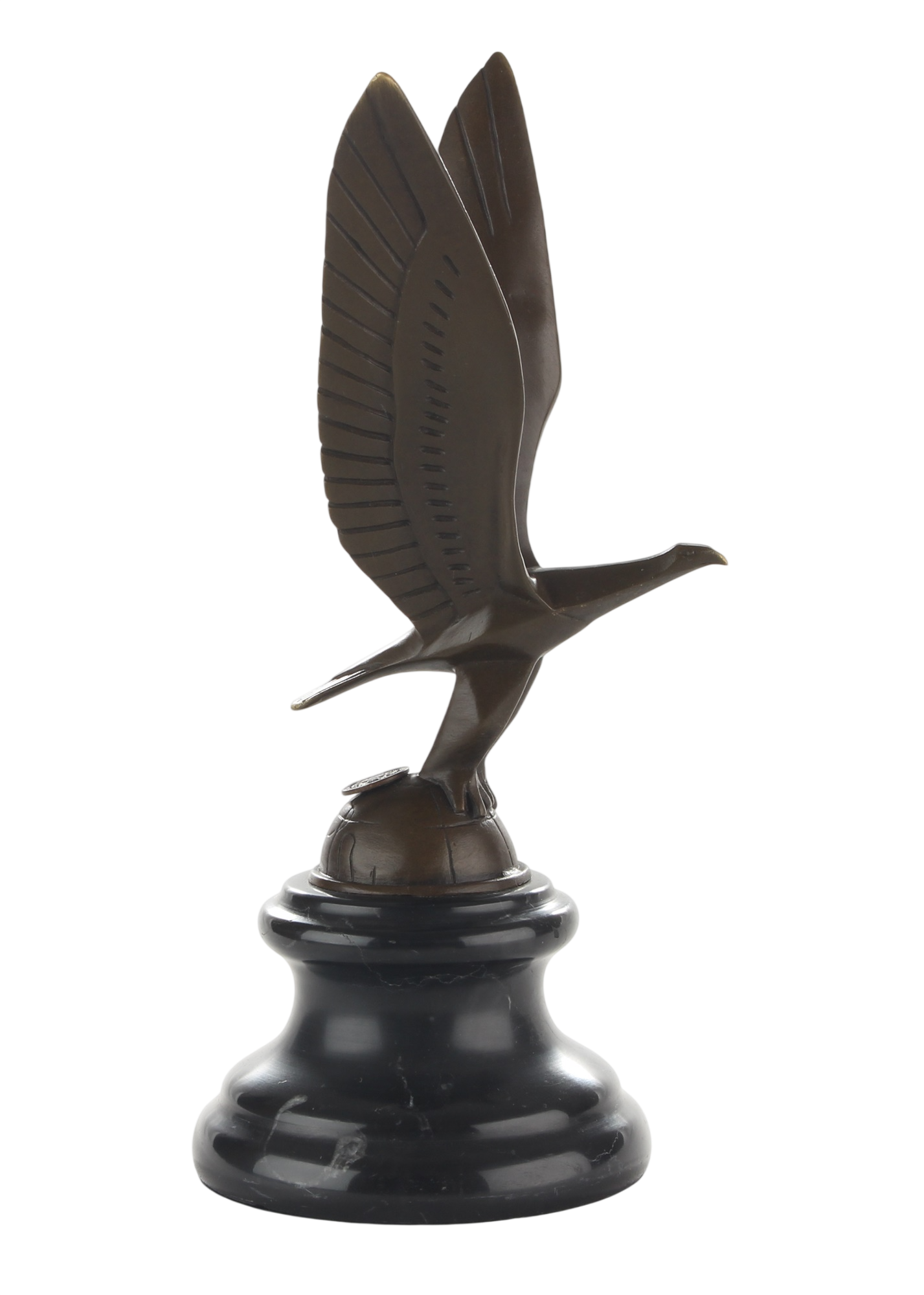 Kühlerfigur Adler im Flug, Bronzefigur auf Erdkugel mit Marmorsockel, Höhe 22,8 cm