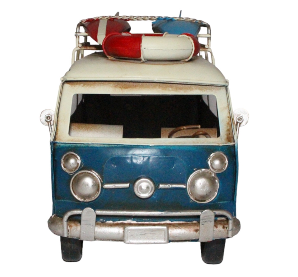 Blechauto Deko Nostalgie Modellauto Oldtimer Surfer Hippie Bulli in blau L 26 cm aus Blech