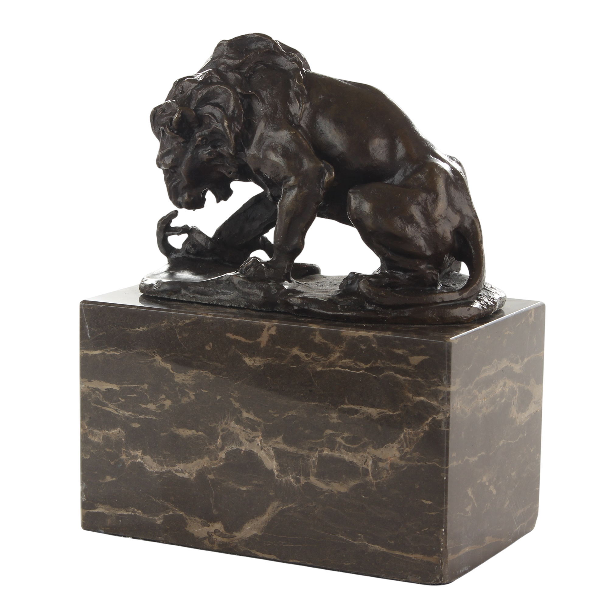 Bronzefigur Löwe kämpfend mit Schlange auf Marmorsockel, für Innen und Außen, Höhe 15 cm