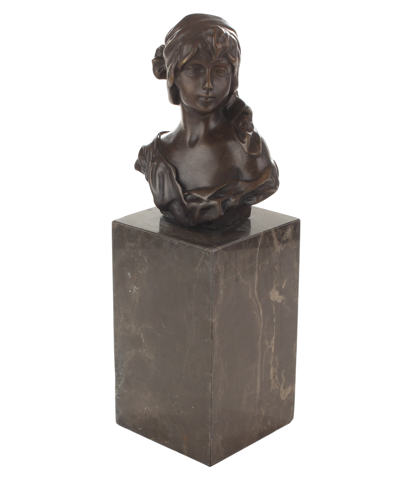 Bronzeskulptur klassische Büste anmutende junge Frau auf Marmorsockel, Höhe 22,8 cm