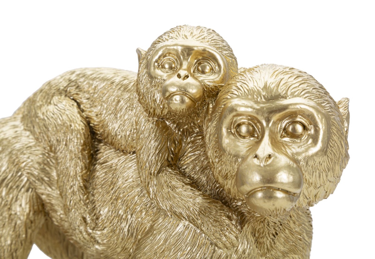 Dekofigur Mutter Affe laufend mit Baby auf Rücken Tierfigur in Gold Fell fein strukturiert H 18,5 cm