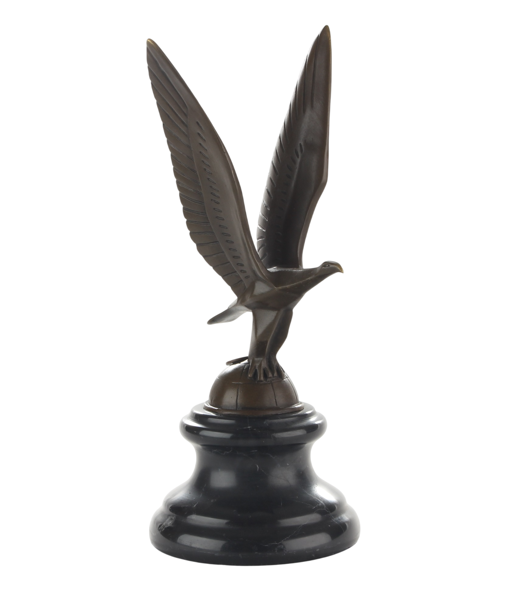 Kühlerfigur Adler im Flug, Bronzefigur auf Erdkugel mit Marmorsockel, Höhe 22,8 cm