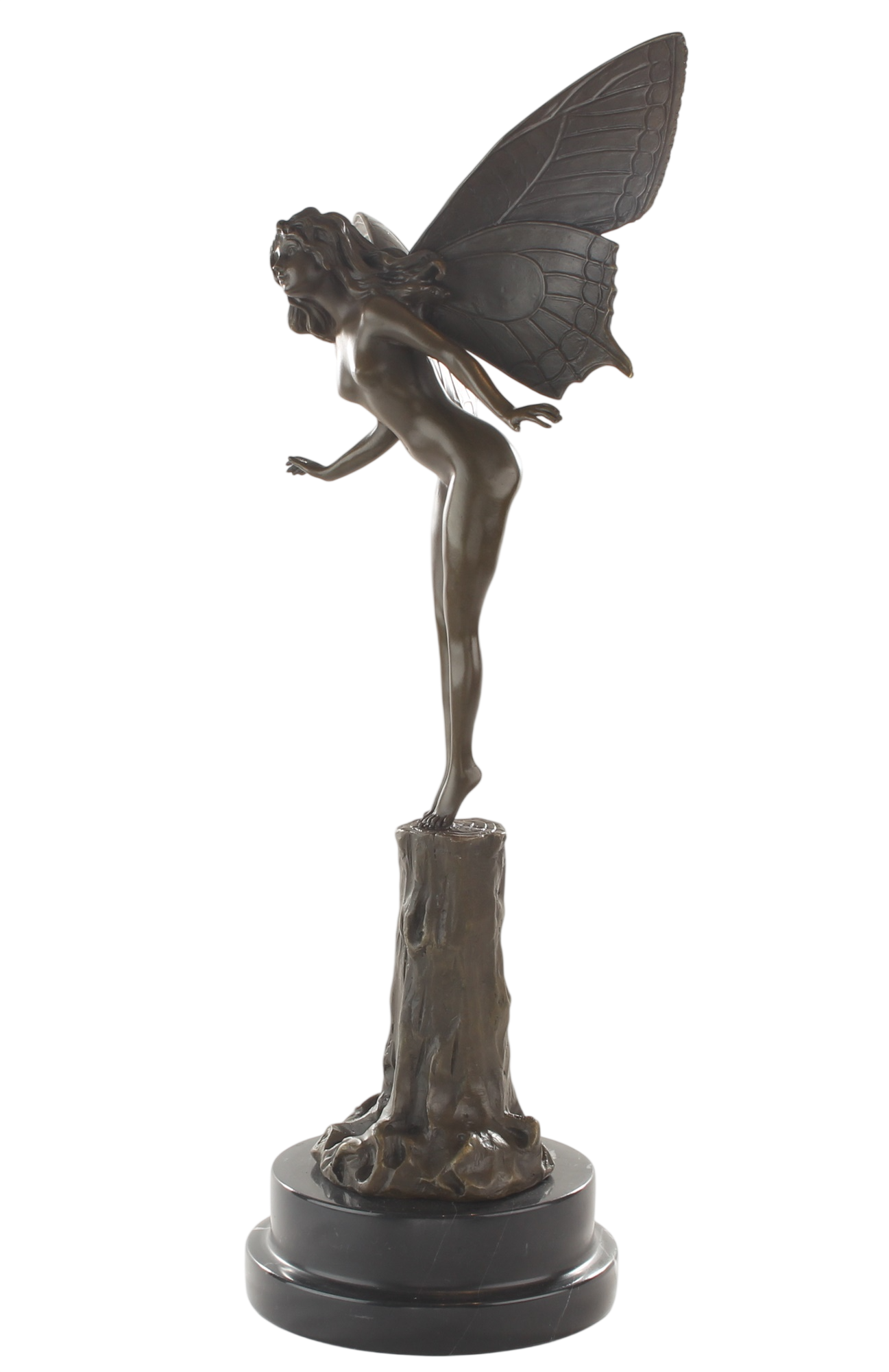 Bronzeskulptur Fee mit Schmetterlings-Flügeln Elfe auf Marmorsockel, Höhe 49,4 cm