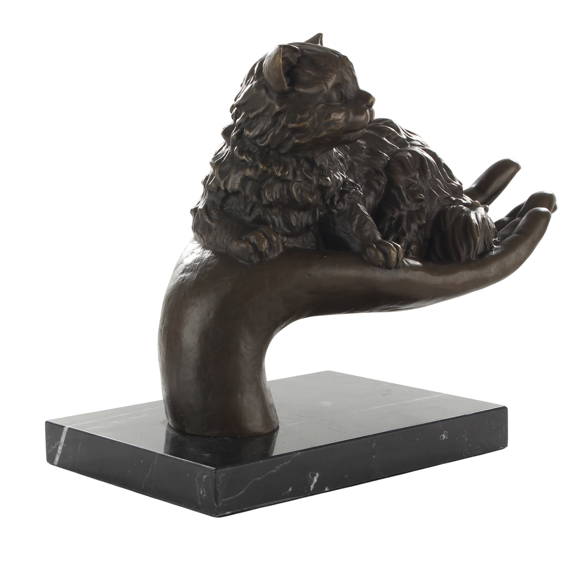Bronzeskulptur Katze auf Hand mit Marmorsockel – Symbol für Fürsorge und Schutz, Höhe 19,7 cm