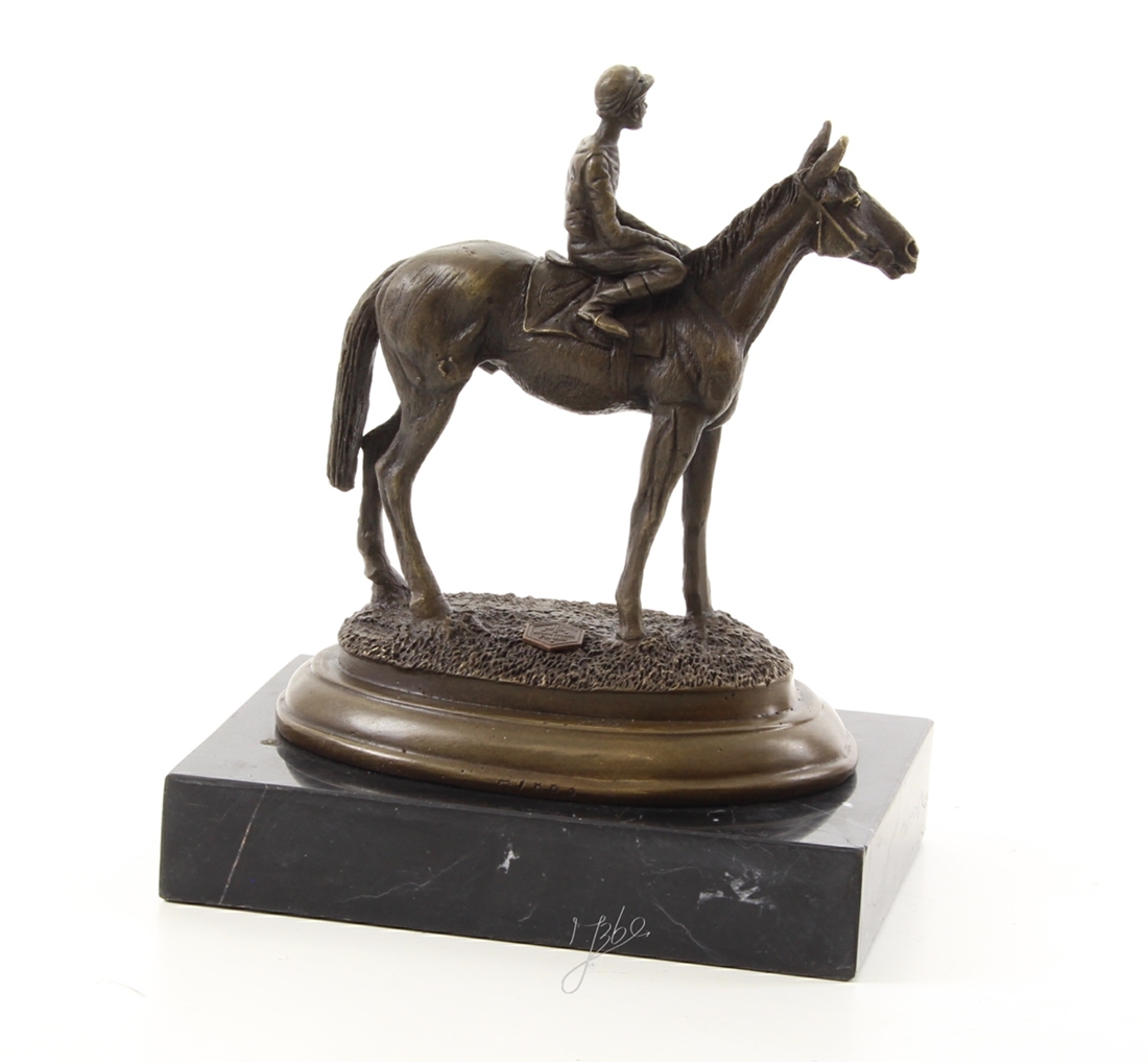 Bronzefigur Bronzeskulptur Tierfigur Jockey auf Pferd aus Bronze auf Marmorsockel H 20 cm Deko Figur