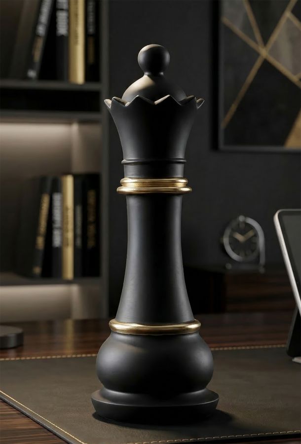 Schachfigur Dame in Schwarz und Gold als elegante Dekoration auf einem Schreibtisch im Wohnraum oder Büro
