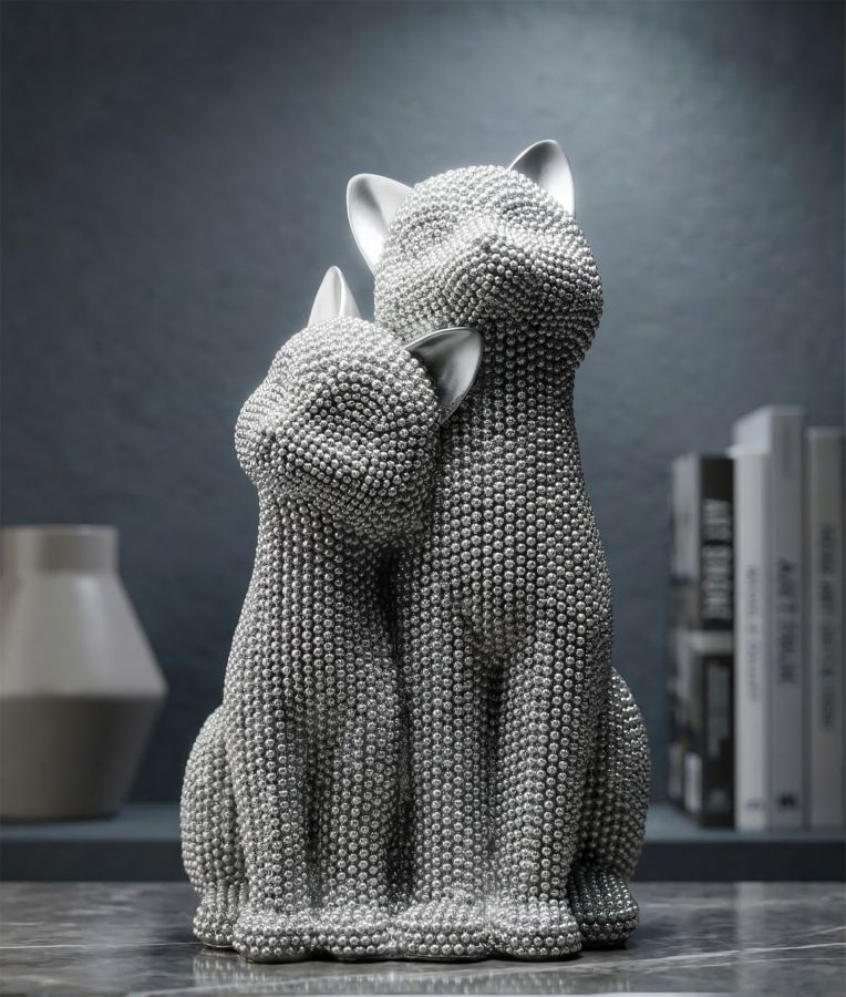 Zwei Katzen Silber aneinandergeschmiegt – Dekofigur mit funkelnder Perlenstruktur aus Polyresin für Wohnraum H 21 cm