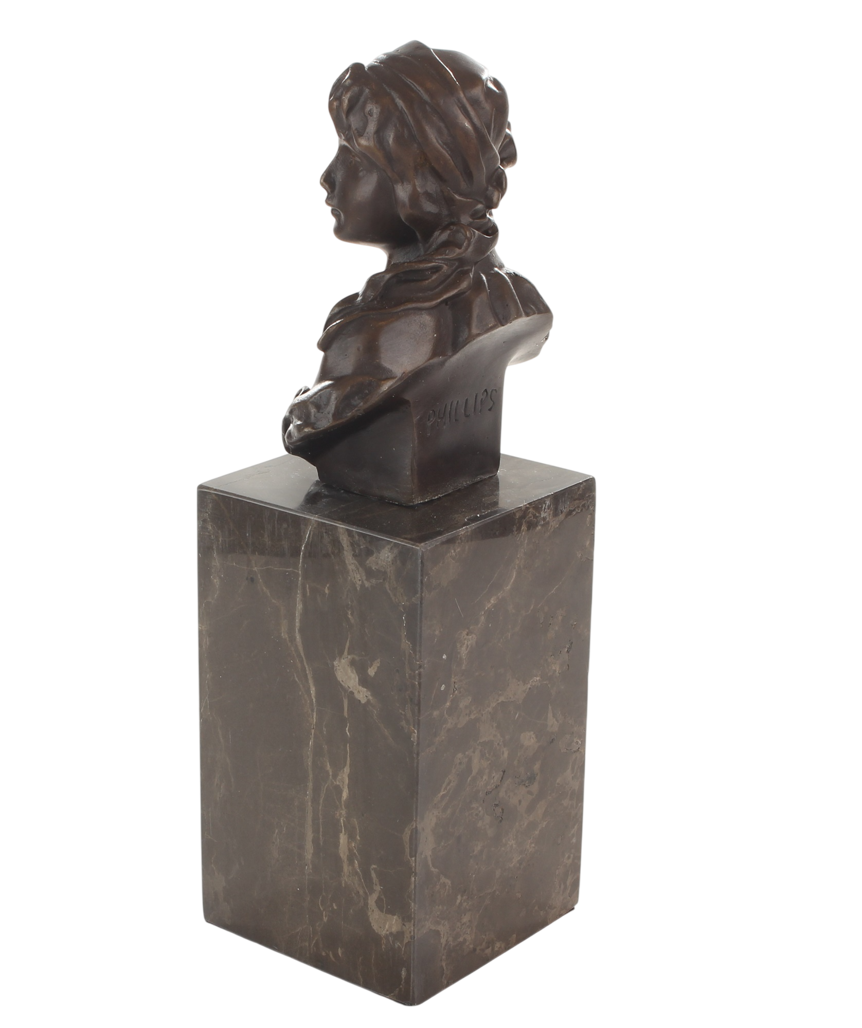 Bronzeskulptur klassische Büste anmutende junge Frau auf Marmorsockel, Höhe 22,8 cm