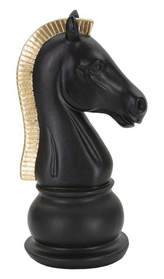 Schachfigur Pferd in Schwarz und Gold aus Polyresin, Gesamtansicht der 19 cm hohen Dekofigur